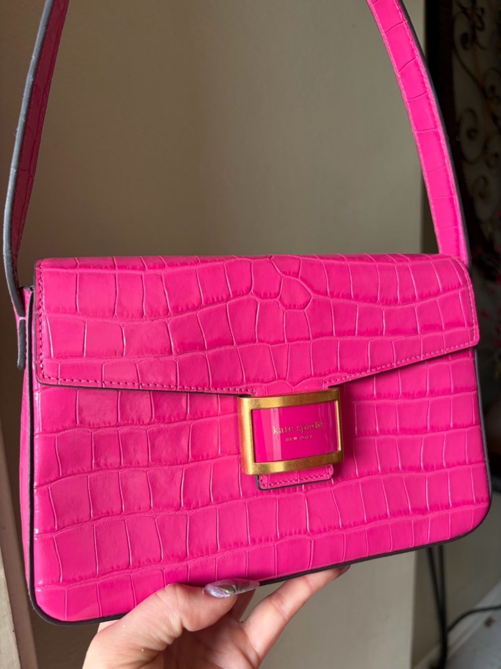 kate spade Hot Pink Croc-Embossed Shoulder Bag with Gold Hardware
